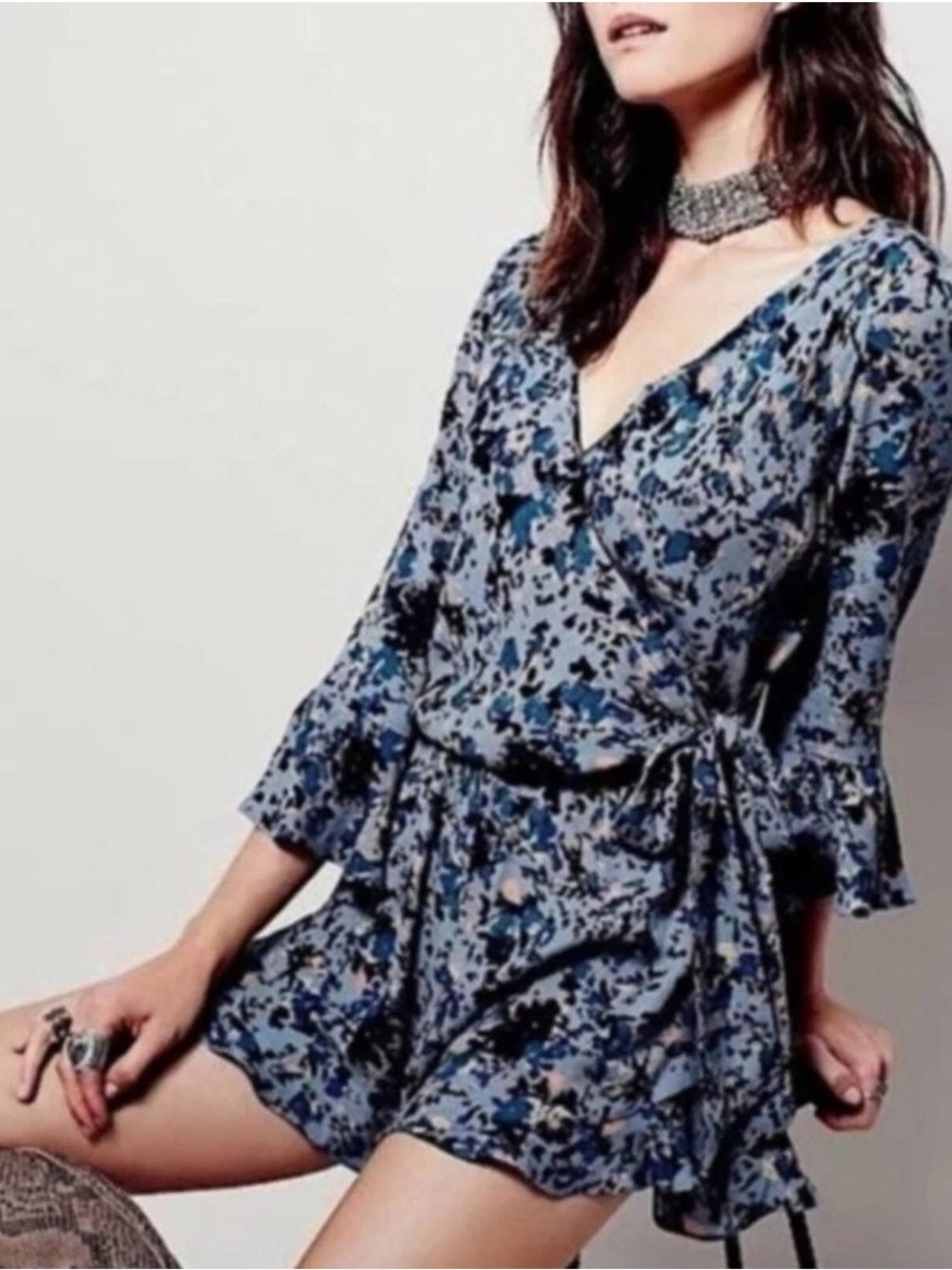 Free People All The Right Ruffles Romper Blue Floral Print Bell Sleeve